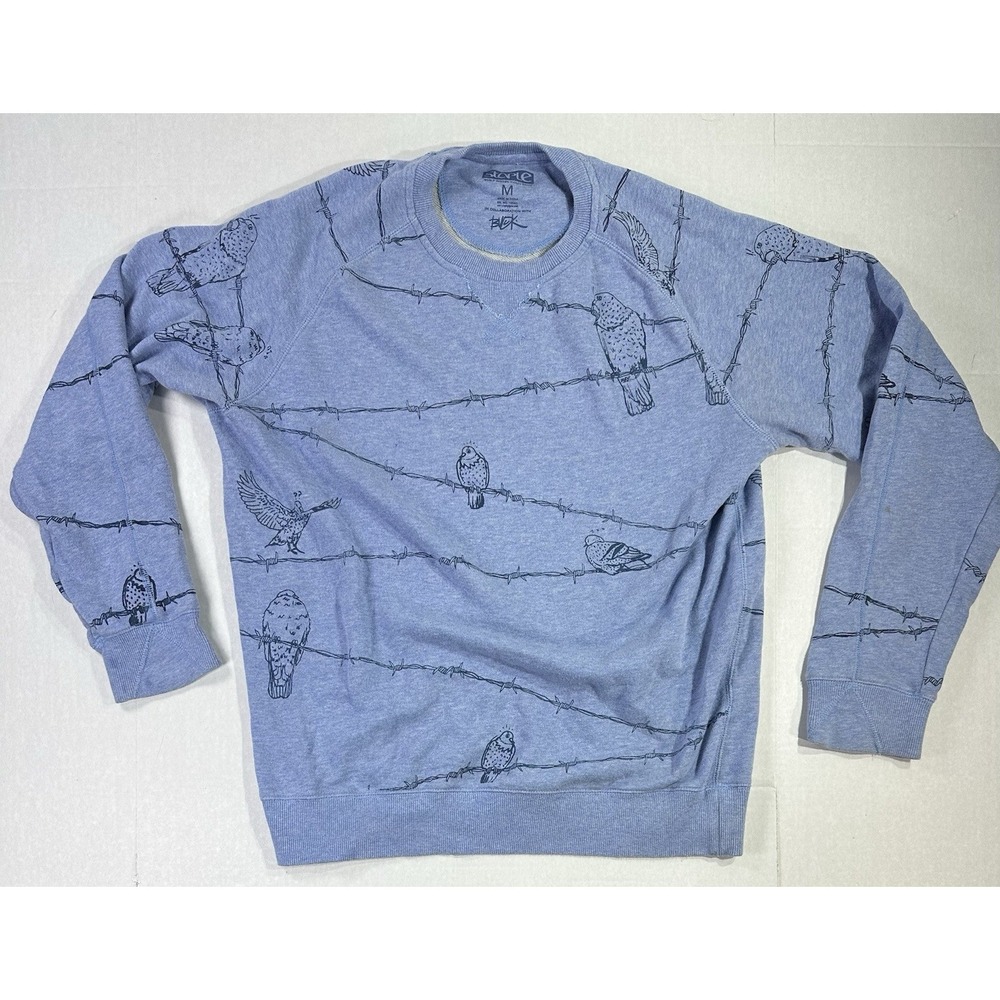 staple x Buck Sweater Mens Medium Blue Crewneck Birds Barbed Wire Print
